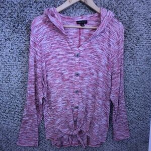 Lane Bryant Pink Marled Button-Up Hoodie with Tie Hem